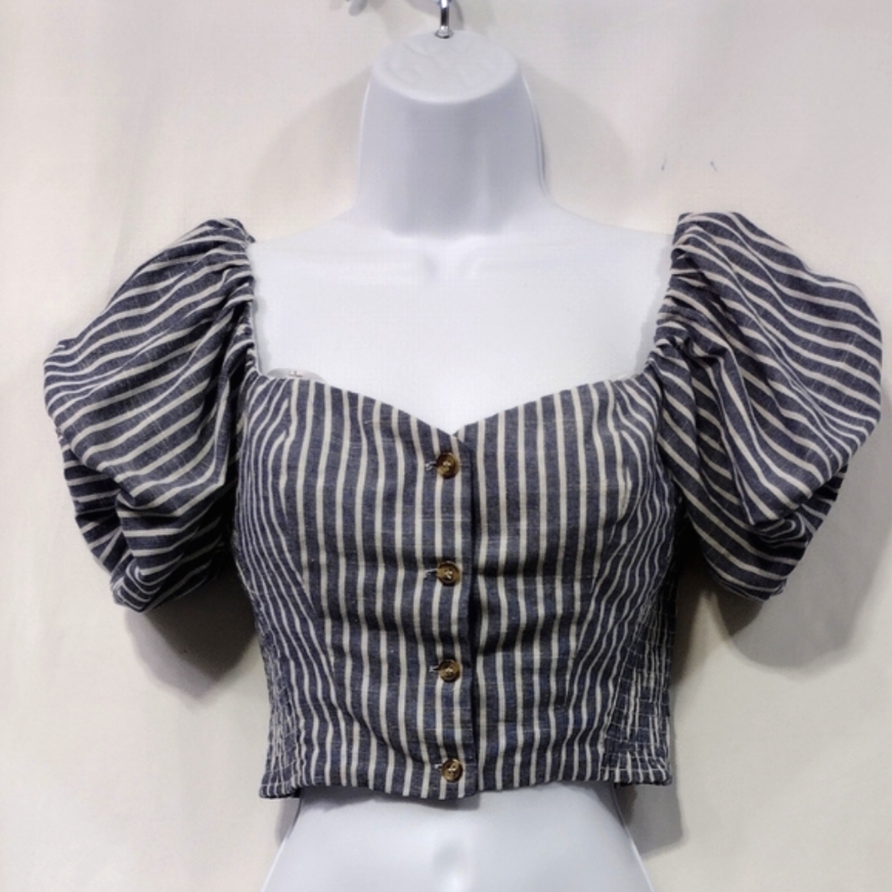 Lulu's Babydoll Crop Top Women's S Blue White Stripped Retro Cottagecore Peasant
